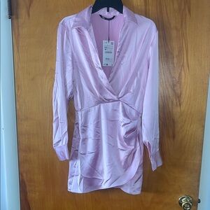 Zara Pink Satin Short Wrap Dress